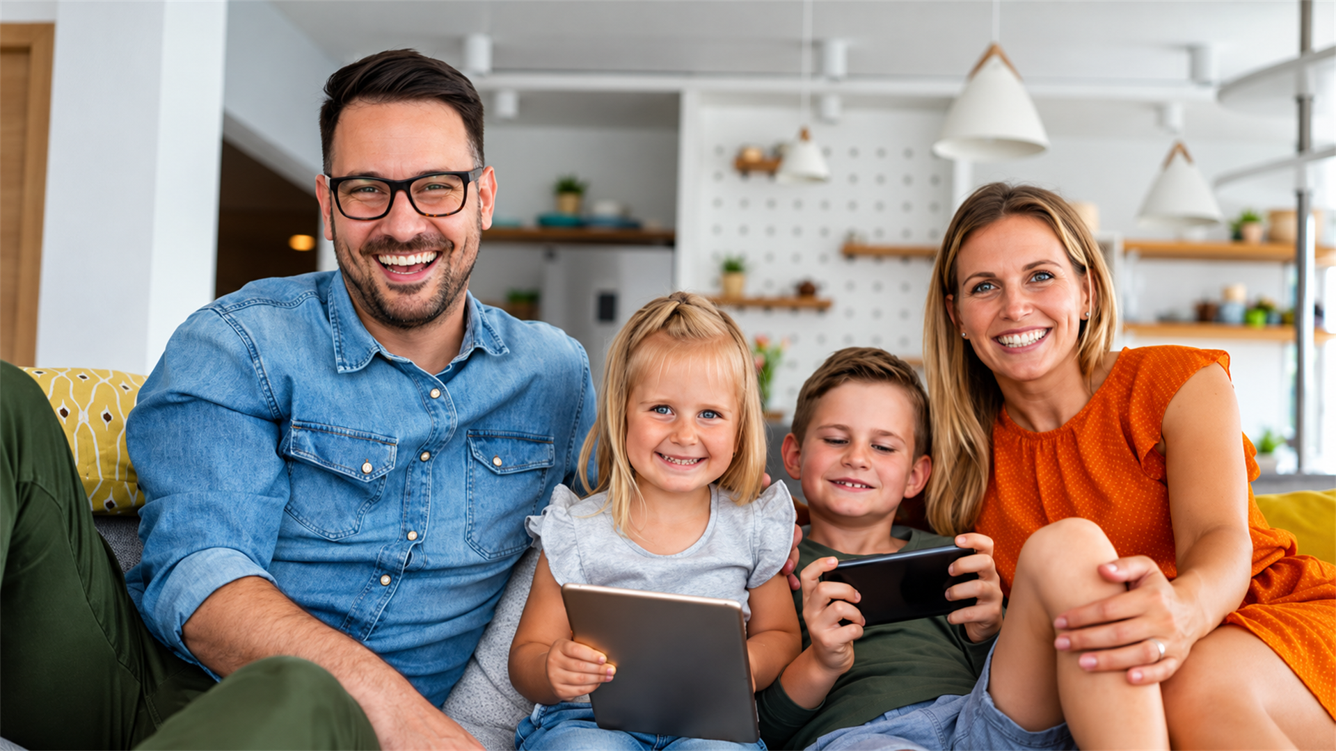 Familia compartiendo sus dispositivos en el sofá